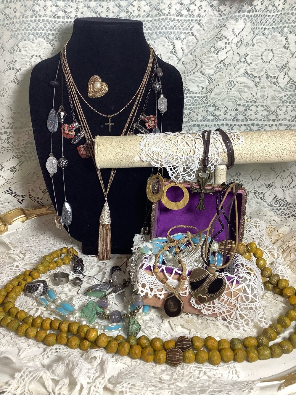 Mixed Gold-Tone and Turquoise Women's Necklace Set with Purple Accent